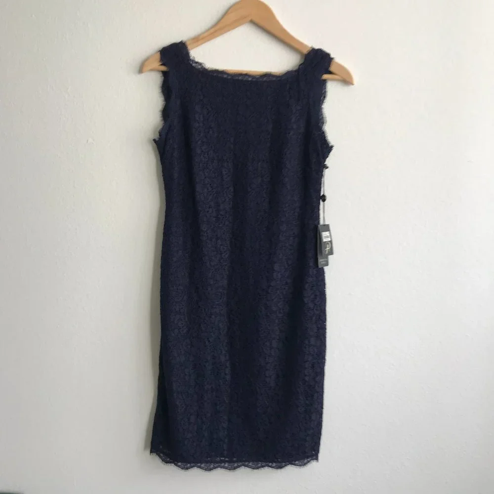 NWT Adrianna Papell Navy Sleeveless Scalloped Lace Sheath Dress Size 4 - Picture 4 of 12